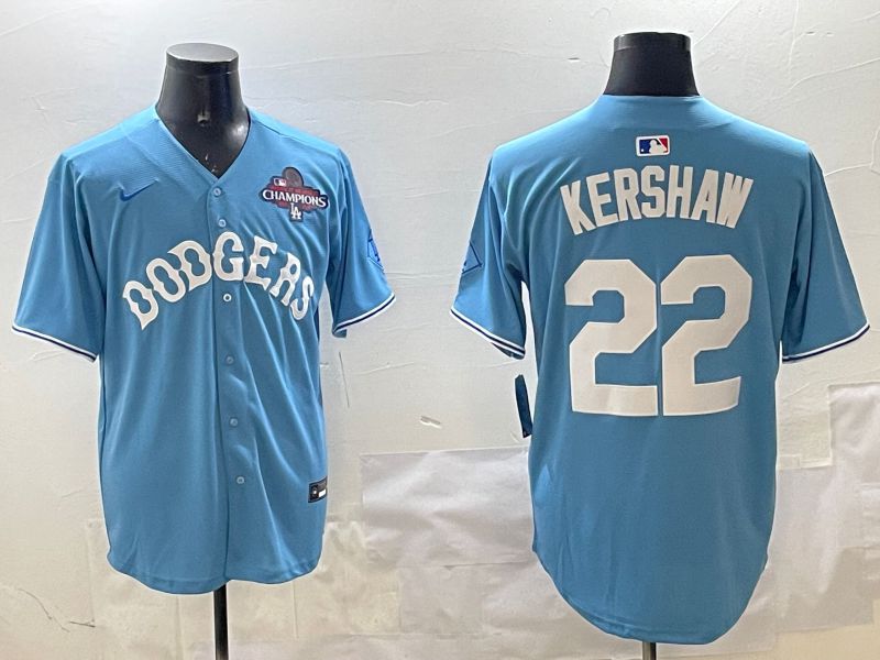 Men Los Angeles Dodgers #22 Kershaw Light Blue Joint Name 2025 Nike MLB Jersey style 5
